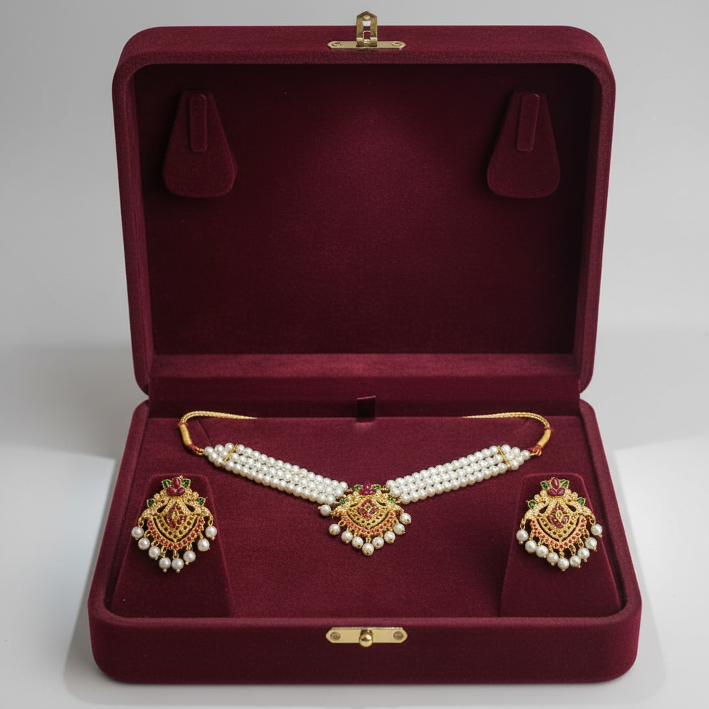 PJ-194 - Pearl & Maroon Diamonds - Jewelry Set Style