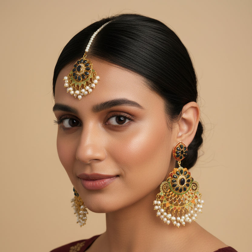 PJ-164 - Luxury Pearls & Black Diamonds Gold - Jewelry Set