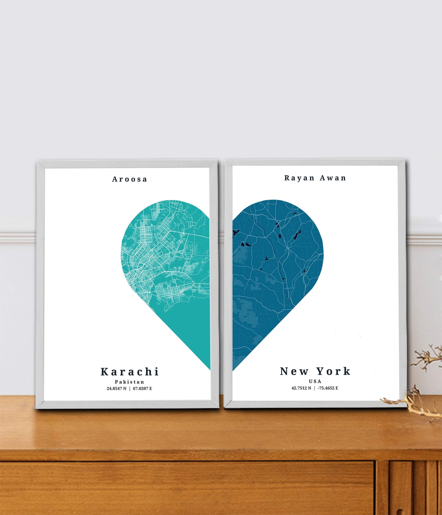 Heart to Heart Dual City Map Frames (Customizable)