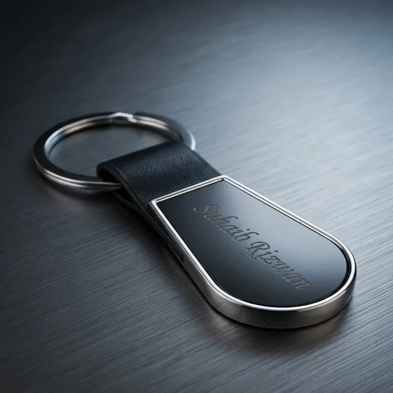 Luxury Leather & Polished Chrome Personalized Keychain – Custom Engraved Teardrop Key Ring – Customized Keychain