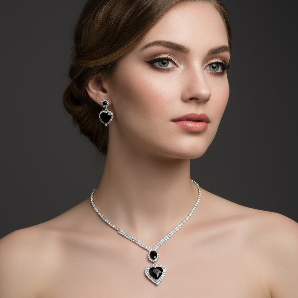 UNI-11945 - Black Heart Diamonds Silver - Jewelry Set