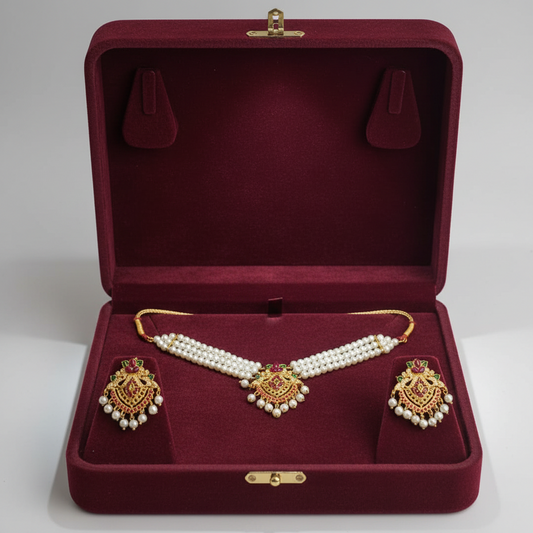 PJ-194 -  Pearl & Maroon Diamonds - Jewelry Set Style
