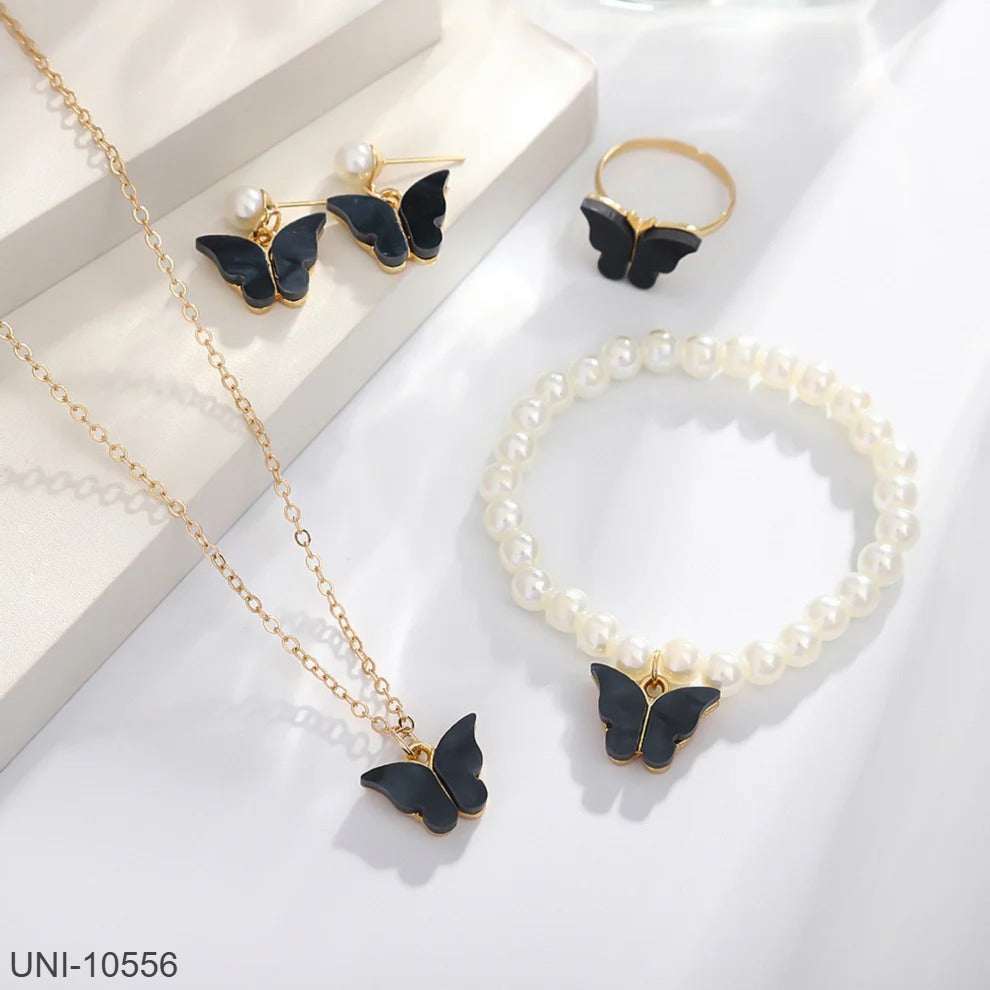 UNI-10556 - Black Butterfly Pearl Gold  - Jewelry Set