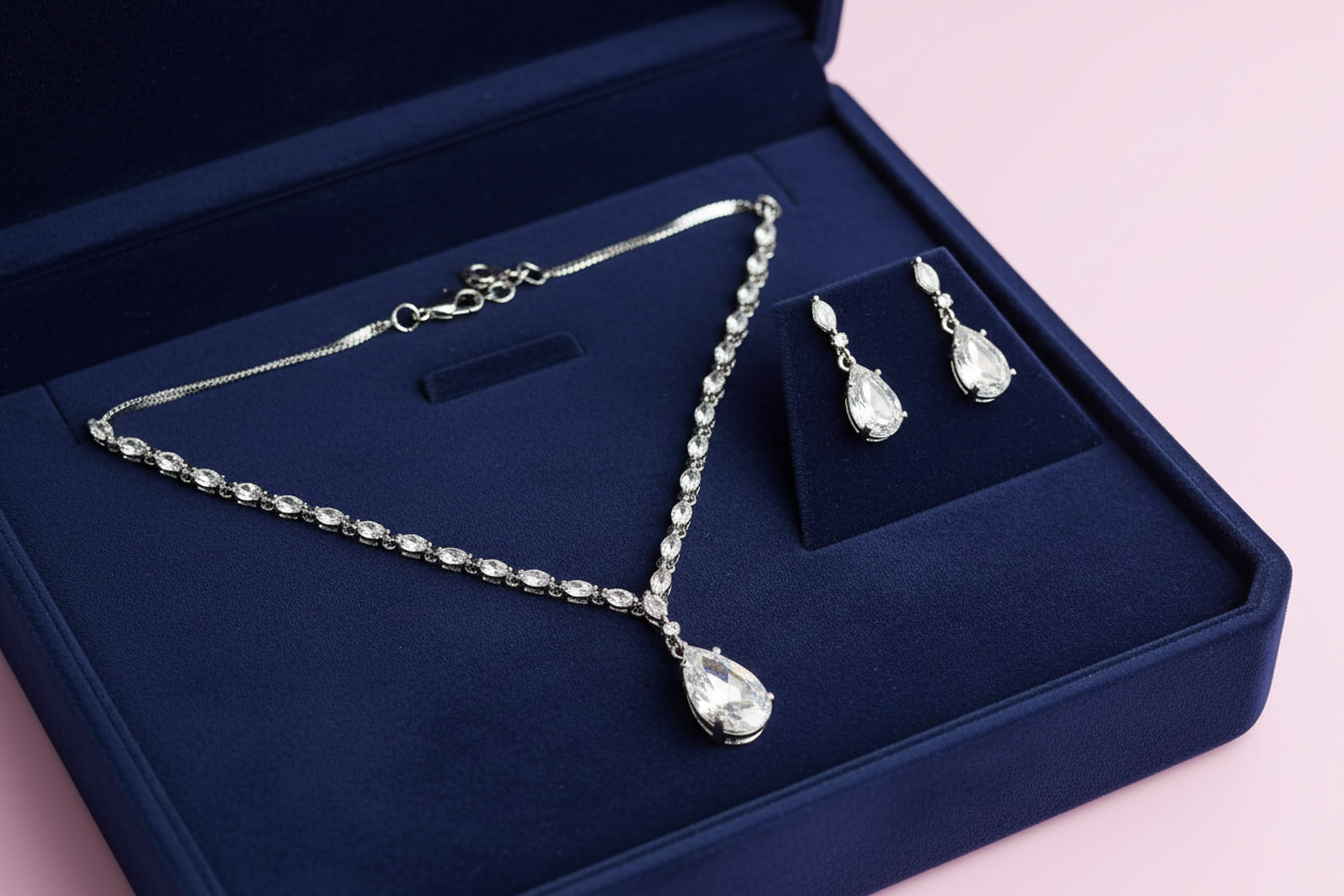 PJ-133  - Crystal Pink Natural Stone Rain Drop Diamonds Silver - Jewelry Set Of 2