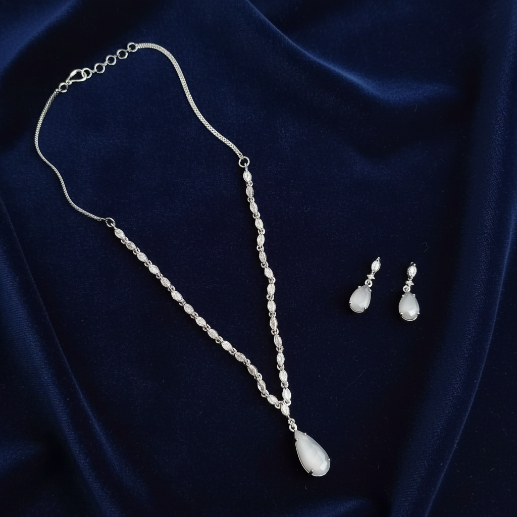 PJ-137  - Mate White Natural Stone Rain Drop Diamonds Silver - Jewelry Set Of 2