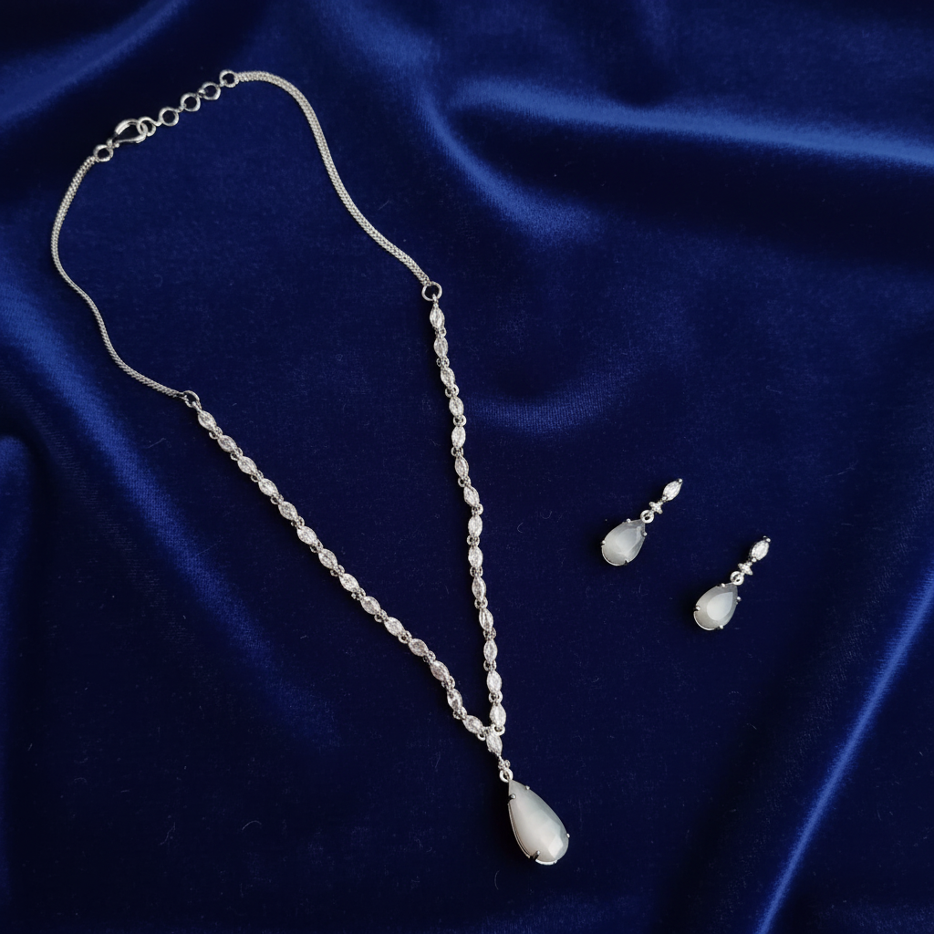 PJ-137  - Mate White Natural Stone Rain Drop Diamonds Silver - Jewelry Set Of 2