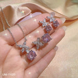 UNI-11020 - Pink Flower Diamond Silver - Jewelry Set