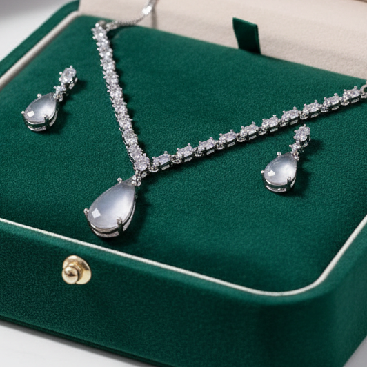 PJ-113 - Matte White Natural Stone Square Diamonds Silver - Jewelry Set Of 2