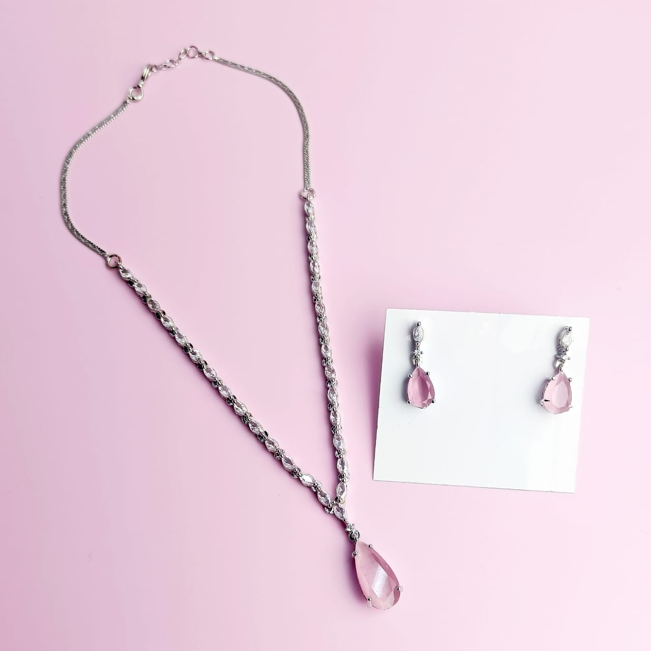 PJ-132 - Matte Pink Natural Stone Rain Drop Diamonds Silver - Jewelry Set Of 2