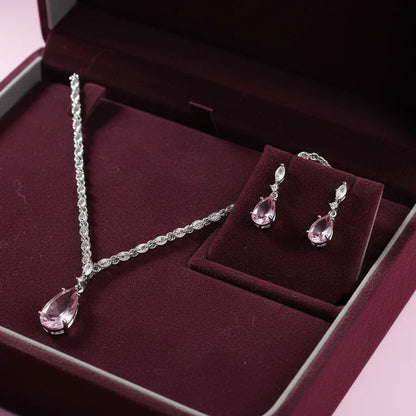 PJ-133  - Crystal Pink Natural Stone Rain Drop Diamonds Silver - Jewelry Set Of 2