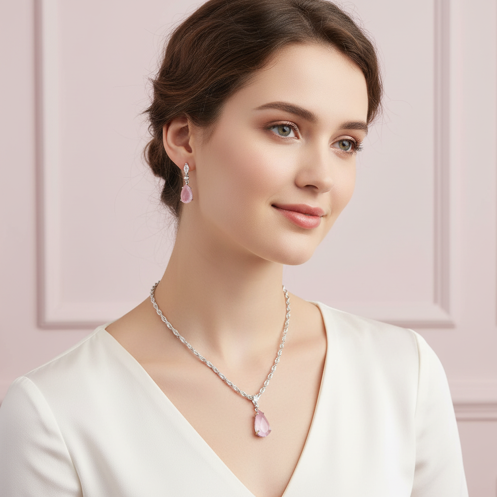 PJ-132 - Matte Pink Natural Stone Rain Drop Diamonds Silver - Jewelry Set Of 2