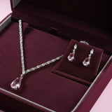 PJ-133  - Crystal Pink Natural Stone Rain Drop Diamonds Silver - Jewelry Set Of 2