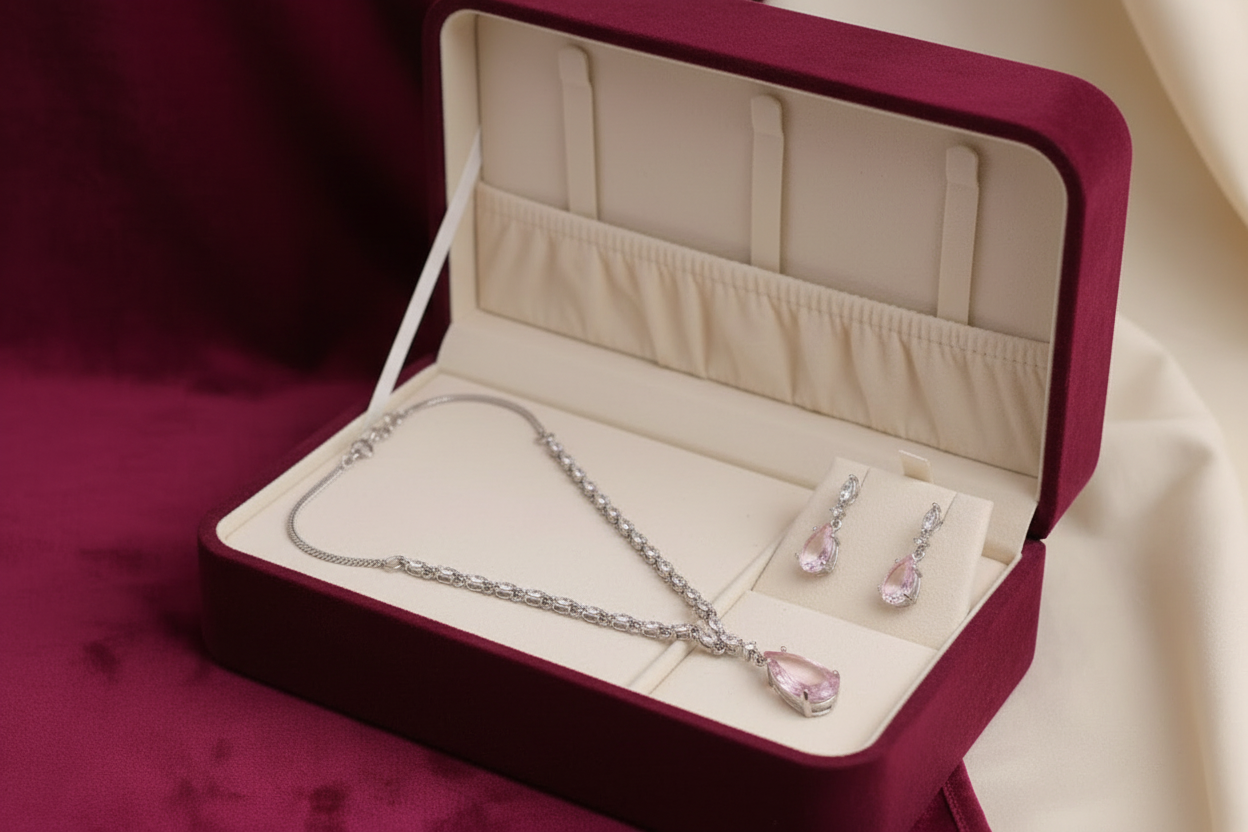 PJ-132 - Matte Pink Natural Stone Rain Drop Diamonds Silver - Jewelry Set Of 2