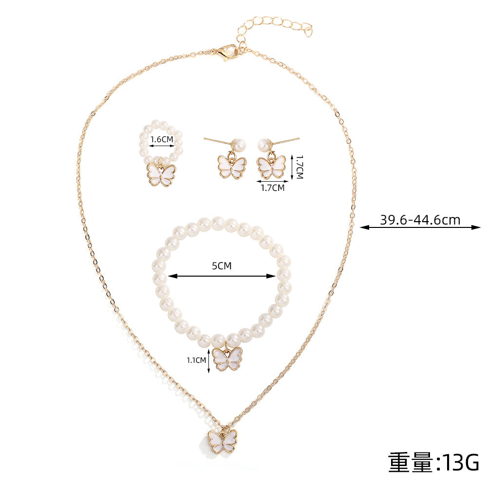 UNI-10540 - White Butterfly & Beaded Pearls - Jewelry Set