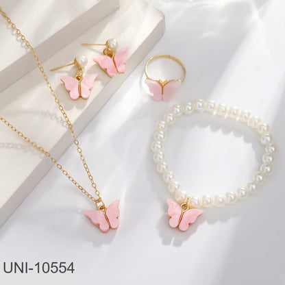 UNI-10554 - Pink Butterfly Pearl Gold  - Jewelry Set