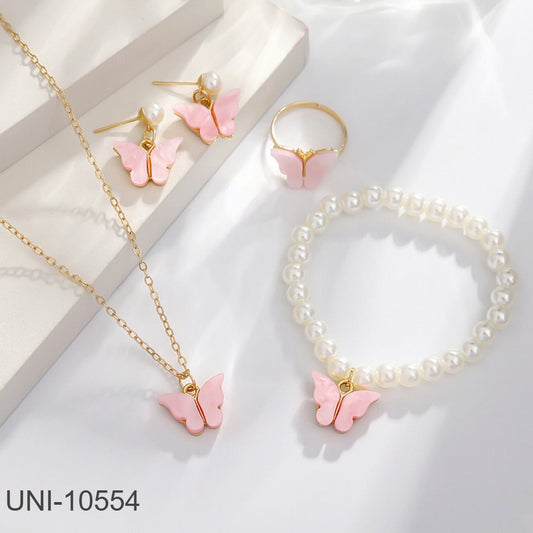 UNI-10554 - Pink Butterfly Pearl Gold  - Jewelry Set