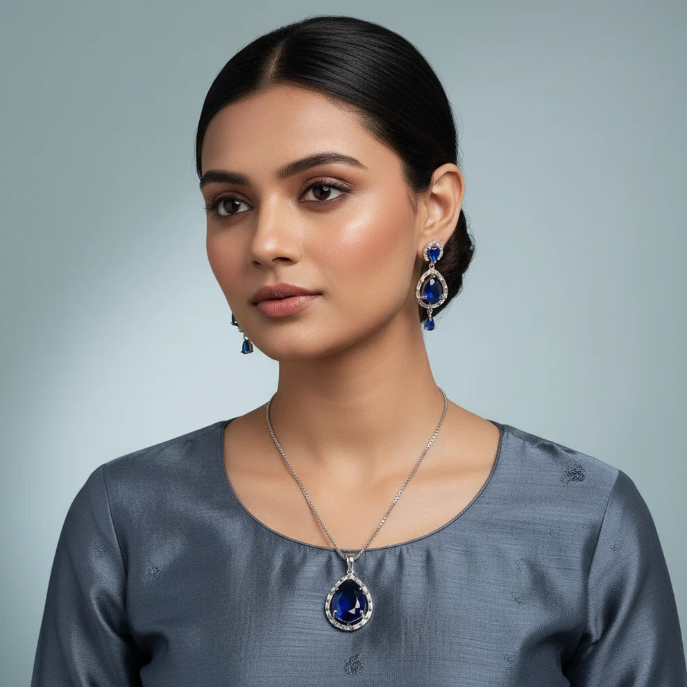 PJ-103 - Navy Blue Natural Stone Silver - Jewelry Set