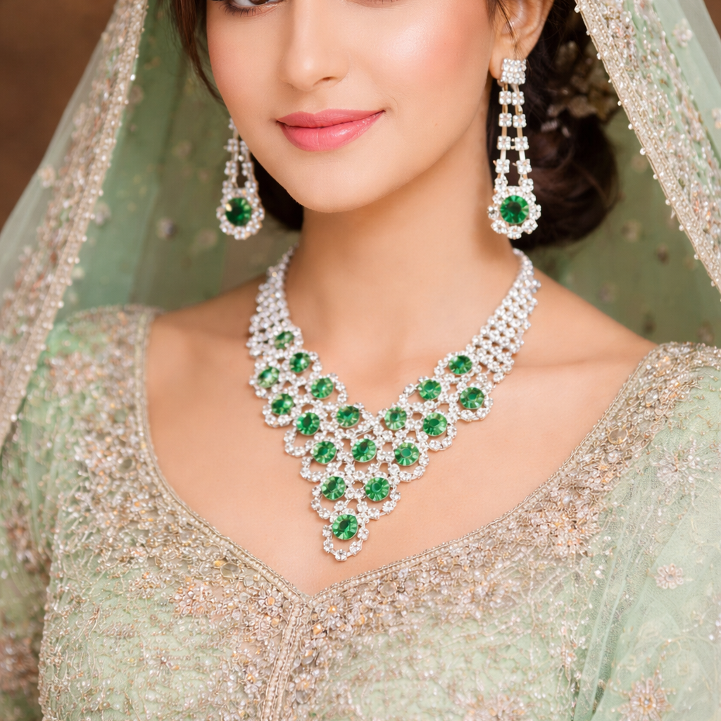 UNI-11925 - Fancy Green Diamonds Silver  - Jewelry Set