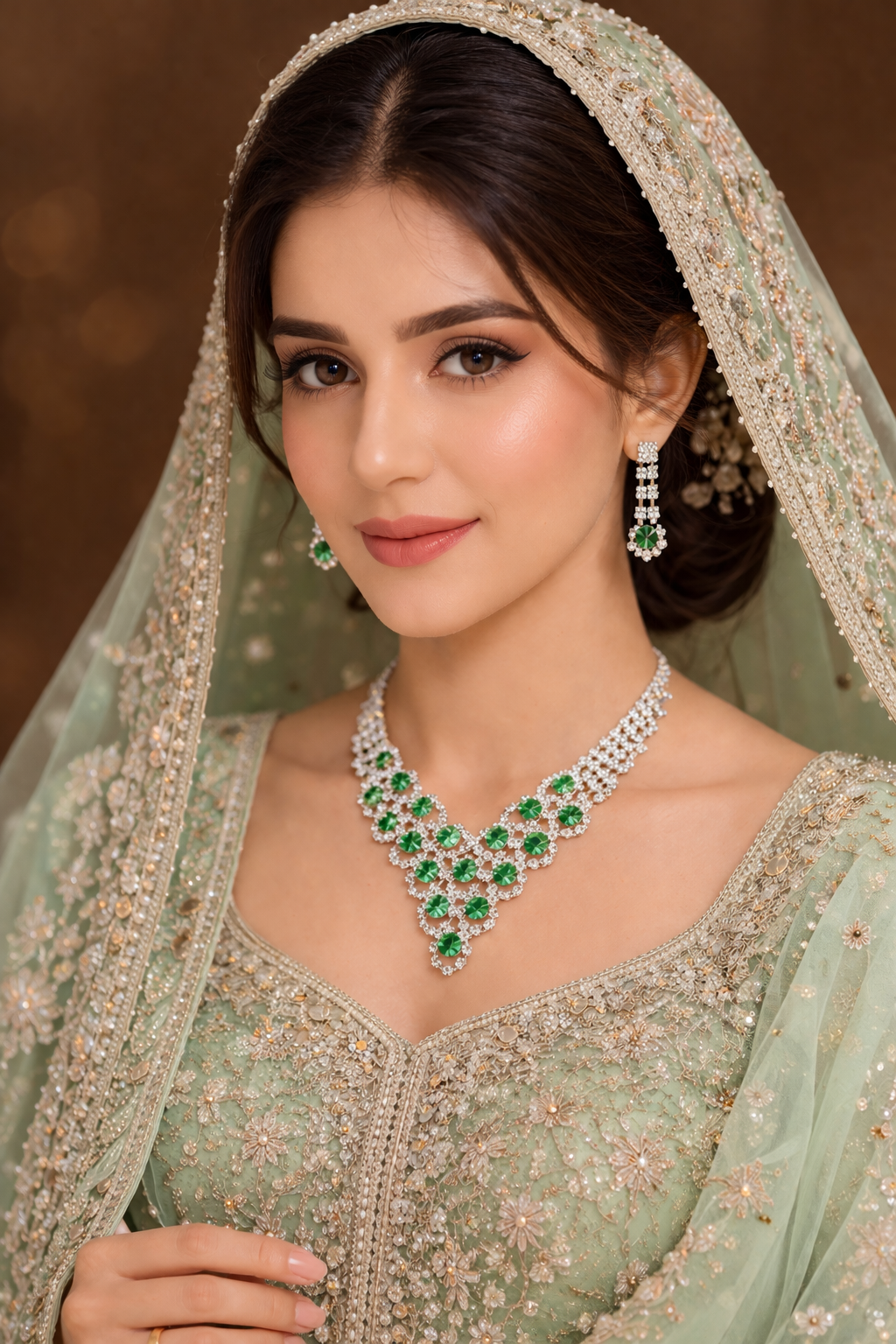 UNI-11925 - Fancy Green Diamonds Silver  - Jewelry Set