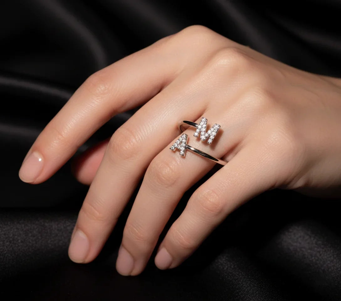 Double Initial Diamond Open Ring