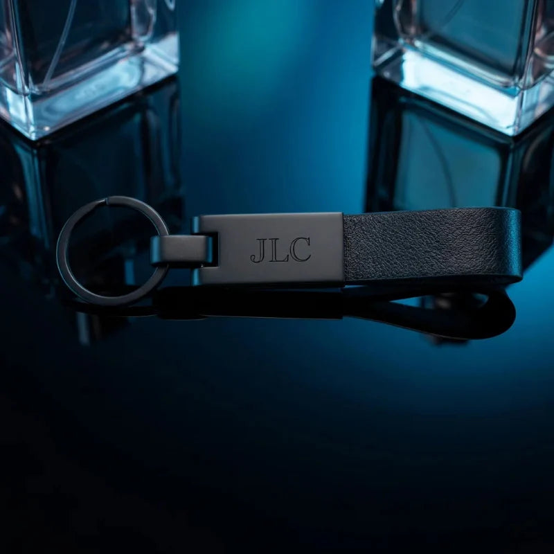Luxury Matte Black & Leather Personalized Keychain – Custom Engraved Executive Key Ring – Customized Keychain