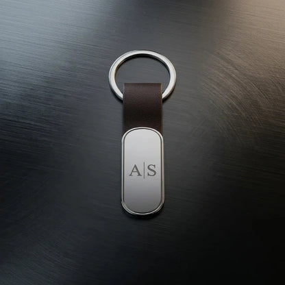 Luxury Espresso Leather & Polished Silver Keychain – Custom Engraved Premium Key Ring – Customized Keychain
