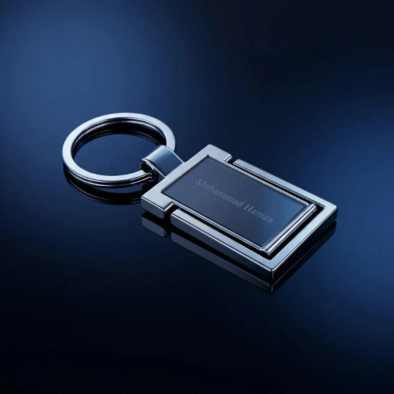 Luxury Gunmetal & Chrome Personalized Keychain – Custom Engraved Geometric Key Ring – Customized Keychain