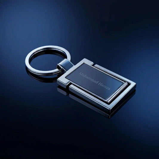 Luxury Gunmetal & Chrome Personalized Keychain – Custom Engraved Geometric Key Ring – Customized Keychain