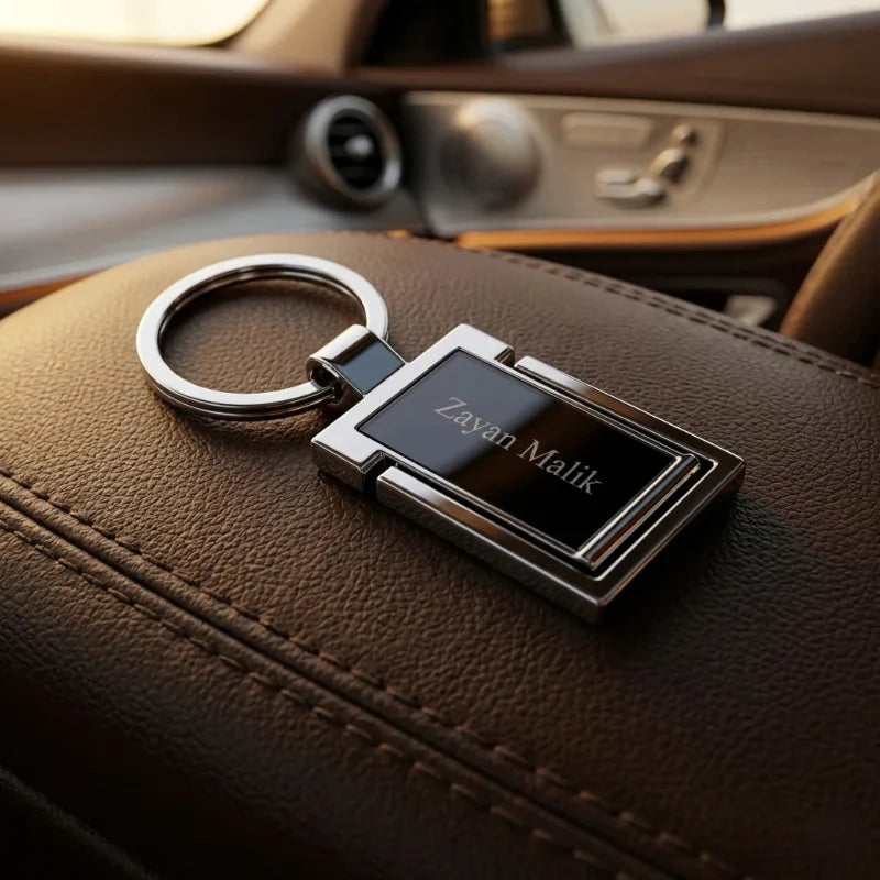 Luxury Gunmetal & Chrome Personalized Keychain – Custom Engraved Geometric Key Ring – Customized Keychain
