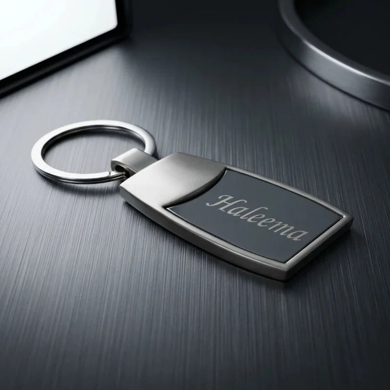 Luxury Satin Silver & Onyx Personalized Keychain – Custom Engraved Curved Metal Key Ring – Customized Keychain