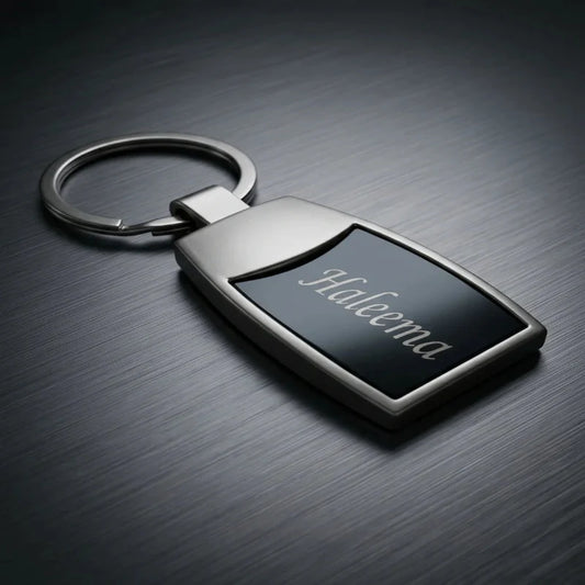 Luxury Satin Silver & Onyx Personalized Keychain – Custom Engraved Curved Metal Key Ring – Customized Keychain