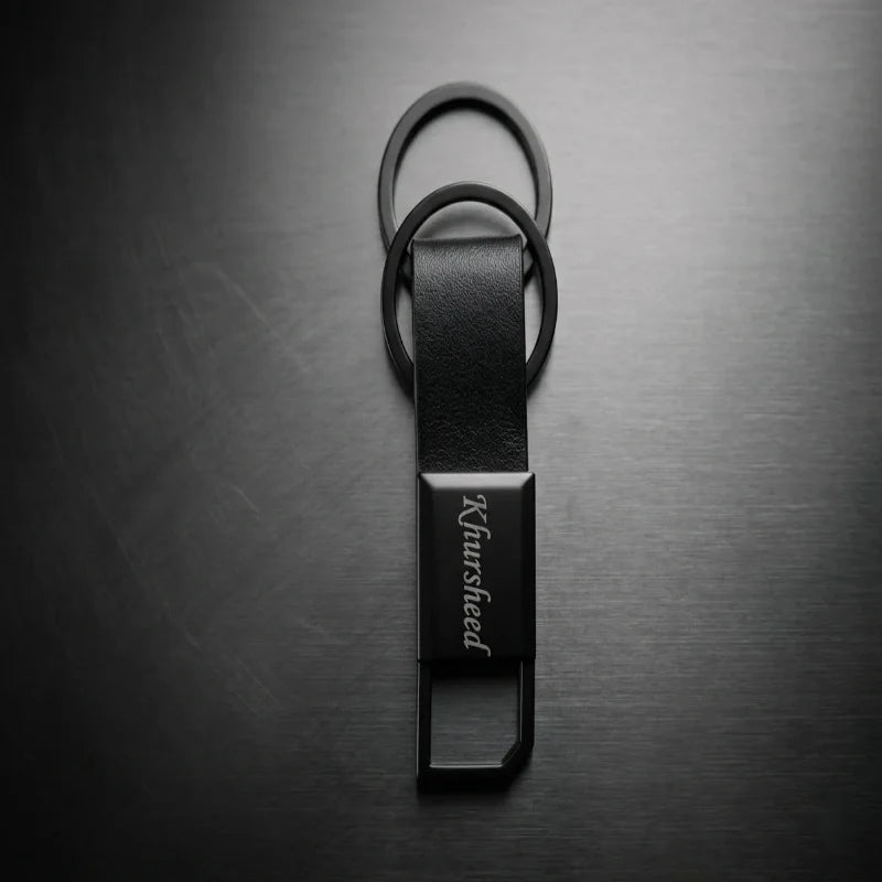 Luxury Gunmetal & Leather Personalized Keychain – Custom Engraved Dual-Ring Key Organizer -Customized Keychain