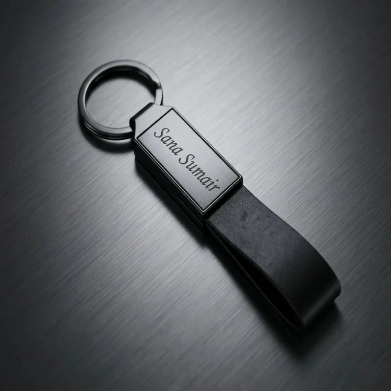 Luxury All-Black & Leather Personalized Keychain – Custom Engraved Minimalist Key Ring – Customized Keychain