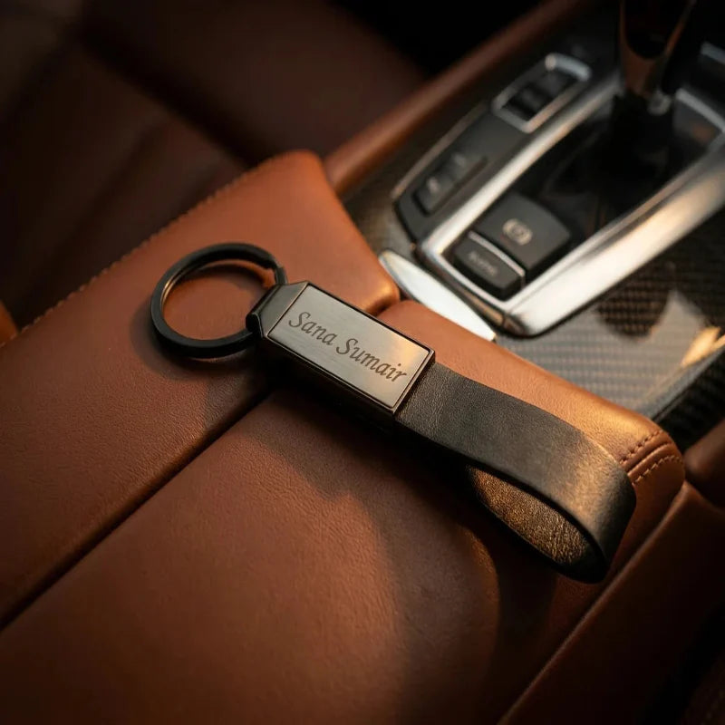 Luxury All-Black & Leather Personalized Keychain – Custom Engraved Minimalist Key Ring – Customized Keychain