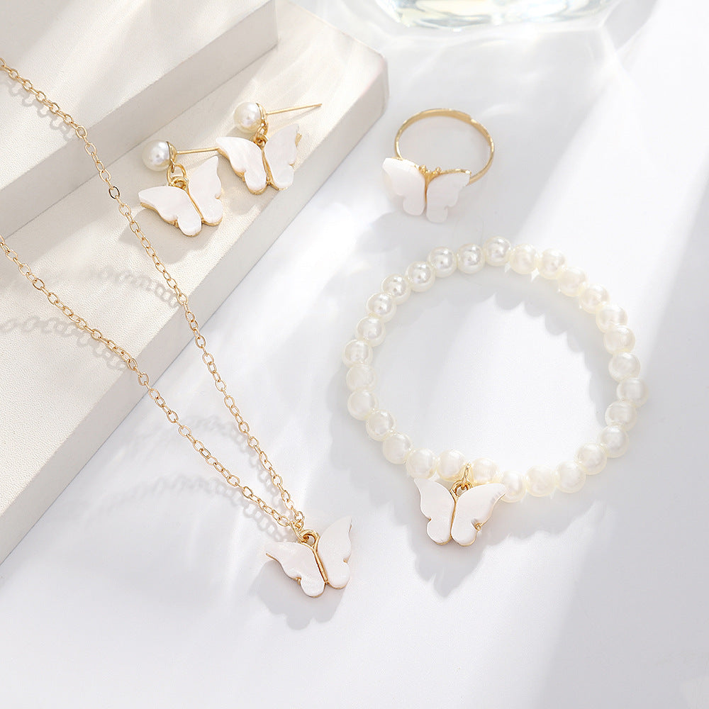 UNI-10555 - White Butterfly Pearl Gold  - Jewelry Set