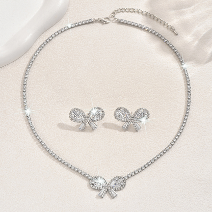 UNI-11379 - White Fancy Bow Diamonds Silver - Jewelry Set