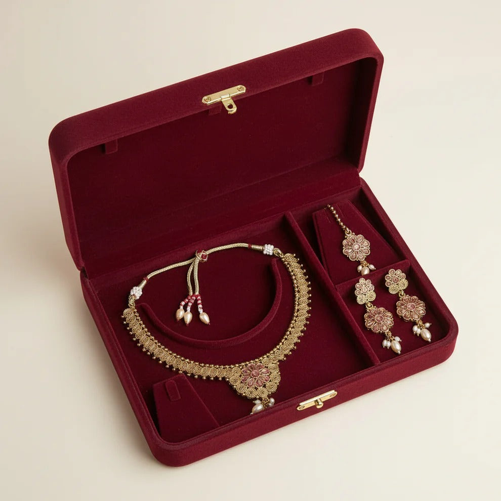 PJ-125 - Premium Gold Flowers Pink Diamonds  Jewelry Set