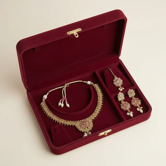 PJ-125 - Premium Gold Flowers Pink Diamonds  Jewelry Set
