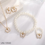 UNI-10540 - White Butterfly & Beaded Pearls - Jewelry Set