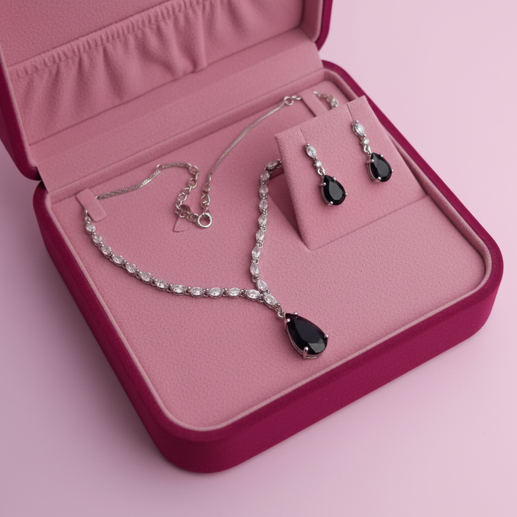 PJ-135  - Black Natural Stone Rain Drop Diamonds Silver - Jewelry Set Of 2